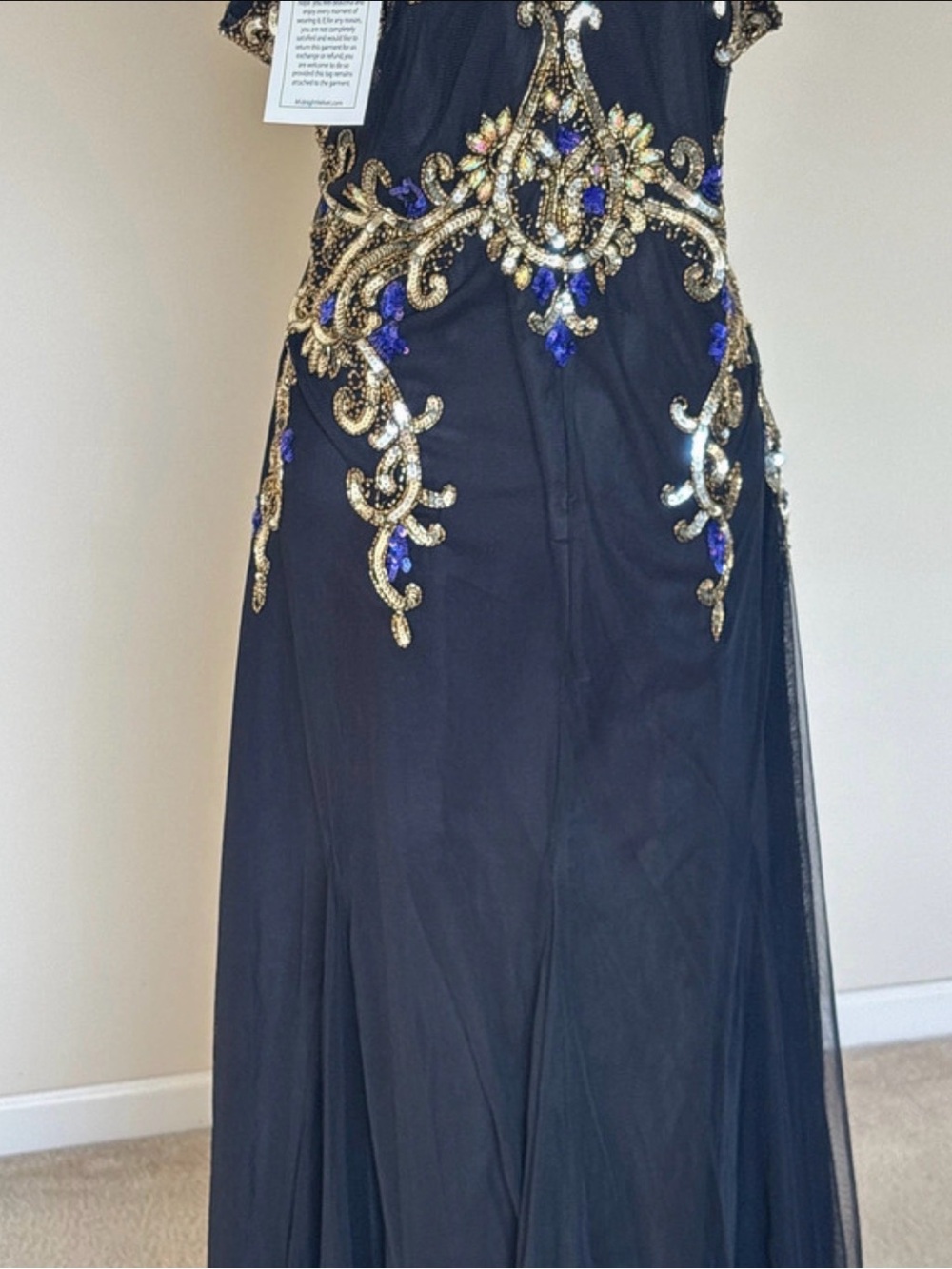Midnight Velvet Black Evening Gown with Gold and Blue Embellishment - Picture 5 of 7